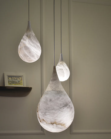 Alabaster Raindrop Pendant Light Natural Stone Teardrop LED Warm White Dining Bedroom — Brass Hardware