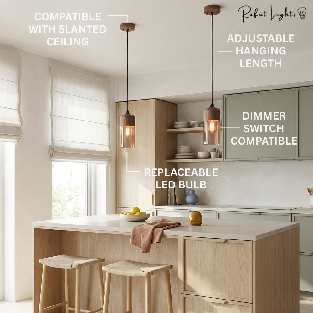 Wood Color Glass LED Pendant Lamp Minimalist Dining Room Bedroom Kitchen — 4 Styles