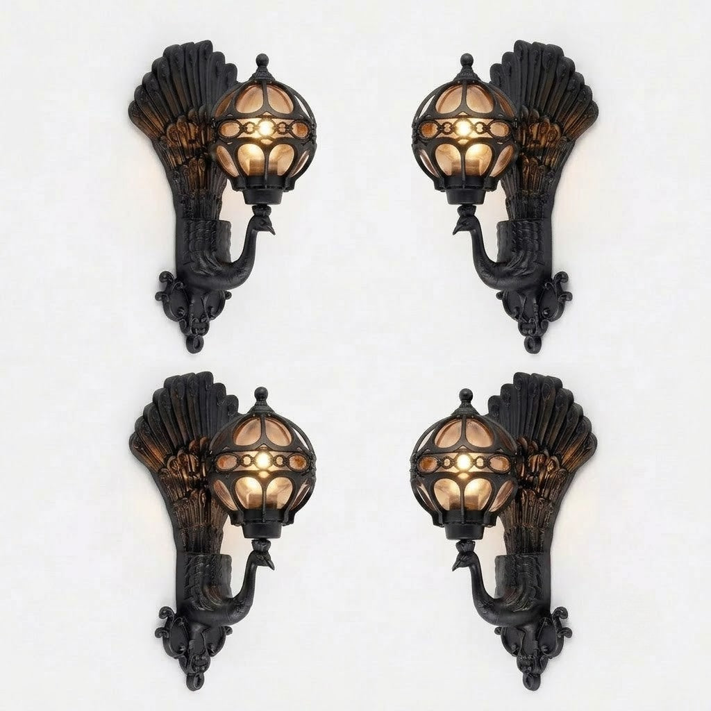 Peacock Outdoor Wall Light Retro European Aluminum Waterproof Hardwired — Black Bronze Sets
