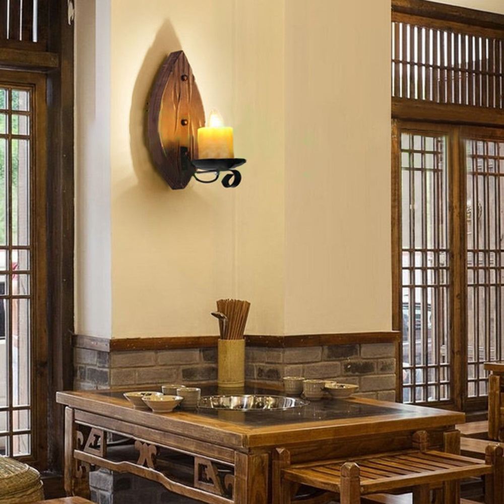 Vintage Epoch Leaf-Shaped Wood & Metal Wall Lamp