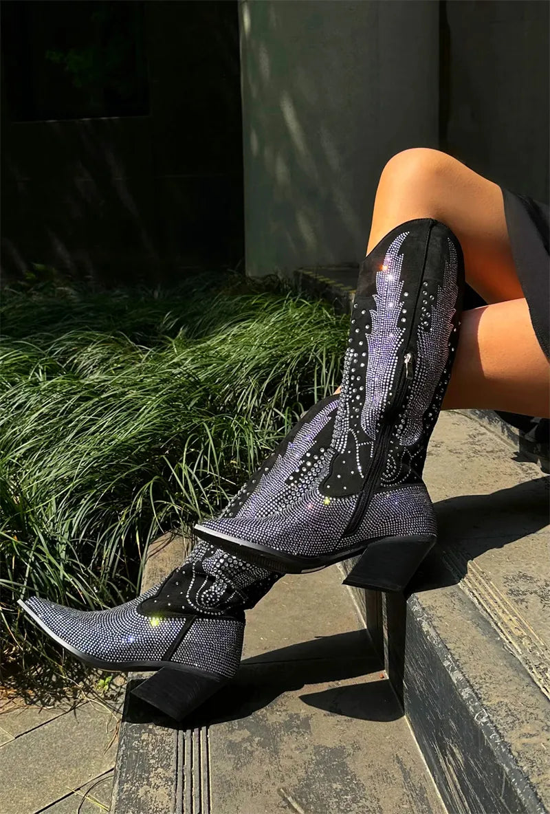 Women's Rhinestone Knee High Cowboy Boots - Black Glitter Western Boots Block Heel