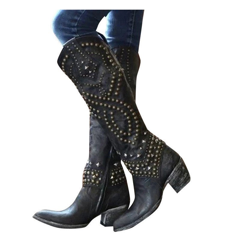 Women's Studded Knee High Boots - Mid Chunky Heel Tall Boots
