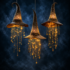 Glowing witch hat decoration placed in a Halloween garden display