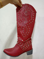 Women's Studded Knee High Boots - Mid Chunky Heel Tall Boots