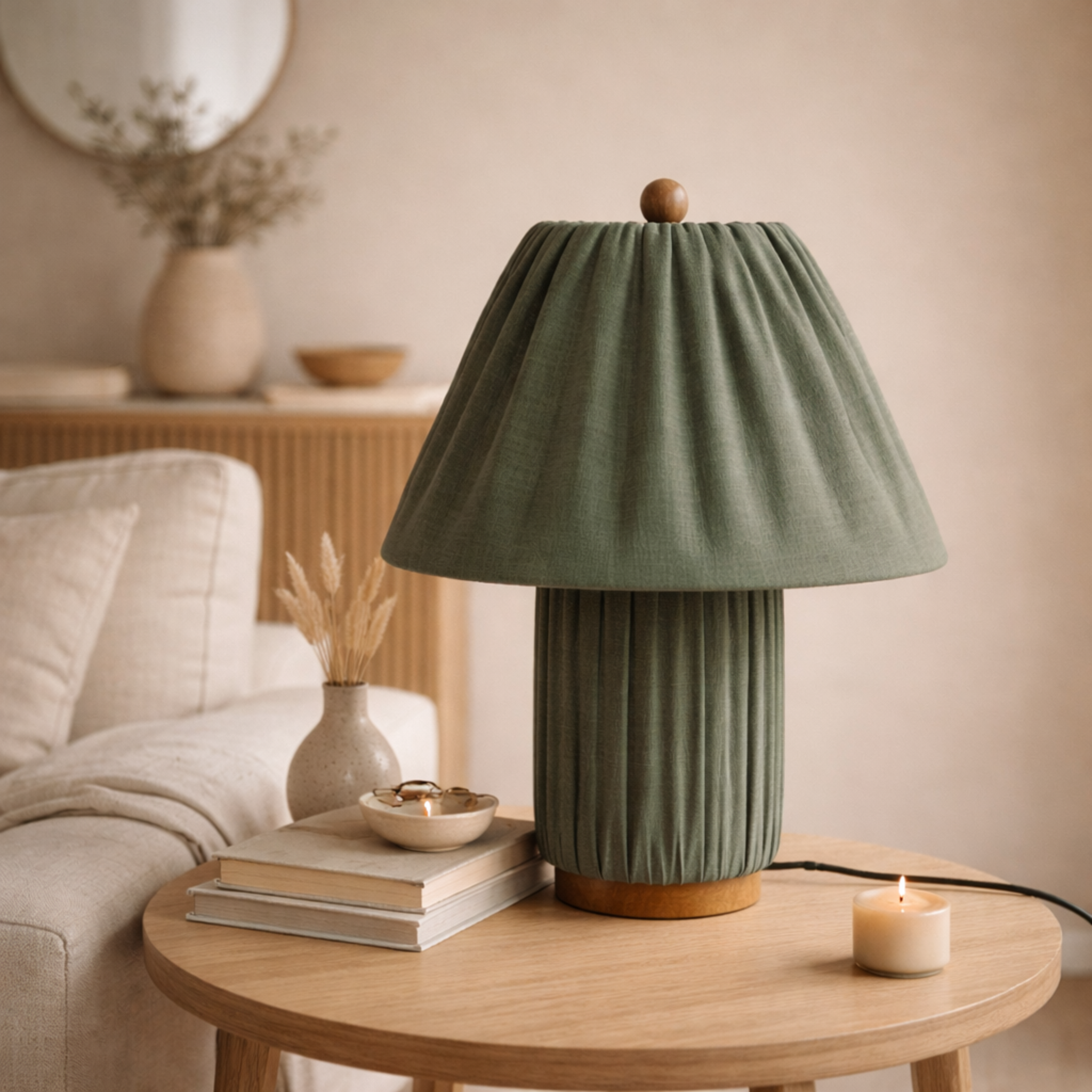 Auralis pleated khaki fabric table lamp sculptural Japandi style bedside bedroom
