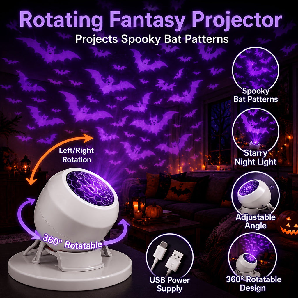 Halloween Bat Projector Lamp with Base, USB-Powered, 360° Adjustable
