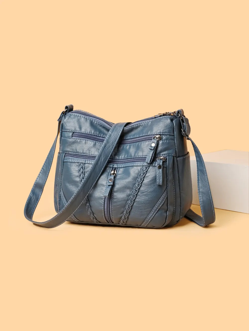 Sac à bandoulière en cuir synthétique tressé – Sac à main femme de taille moyenne avec plusieurs fermetures éclair