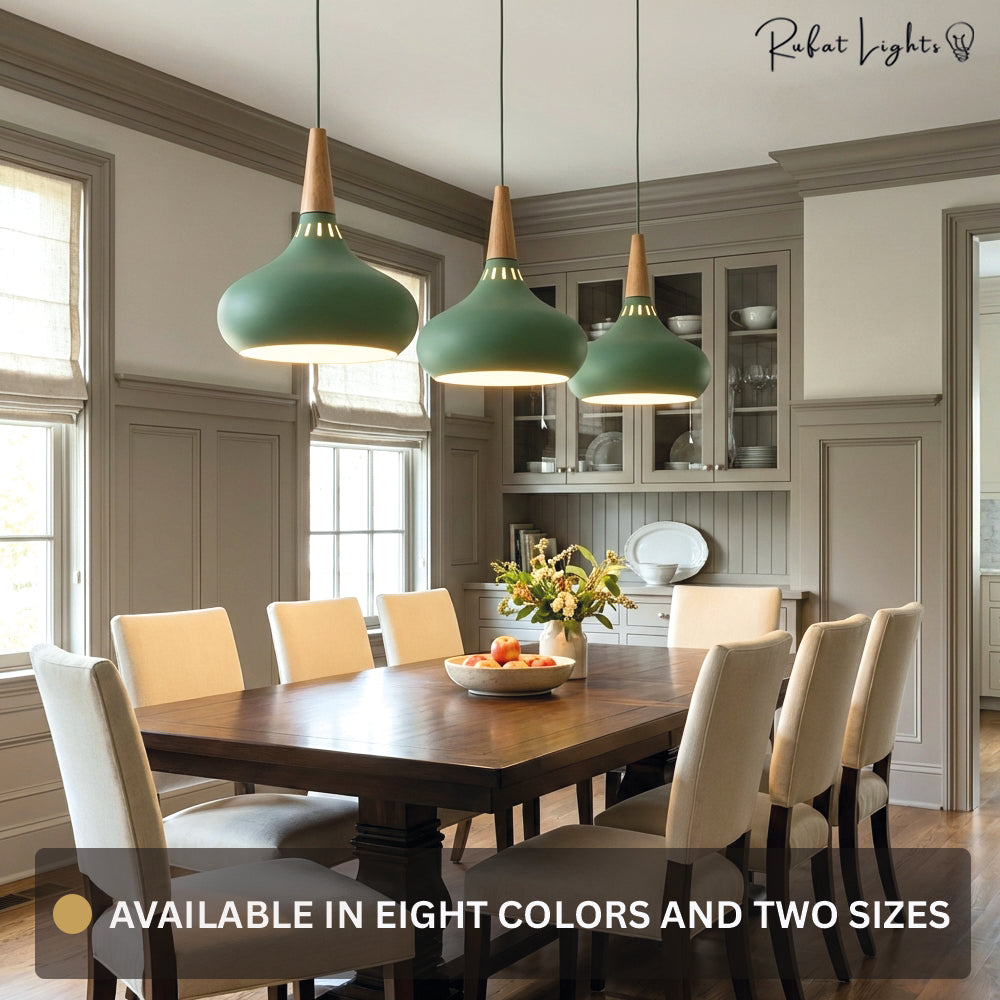 Nordic Wood Metal Pendant Light Height Adjustable Dining Room Bar Kitchen — Multi Colors 8 Inch