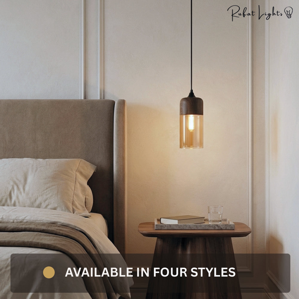Wood Color Glass LED Pendant Lamp Minimalist Dining Room Bedroom Kitchen — 4 Styles