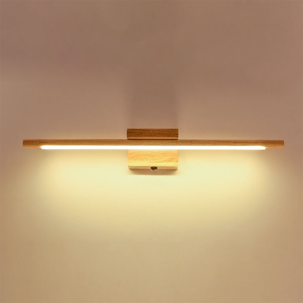Muto Natural Wood Linear Vanity Wall Lamp with Mirror Front