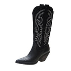 Women's Embossed Leather Western Cowboy Boots - Knee-High Wedge Heel Pointed Toe