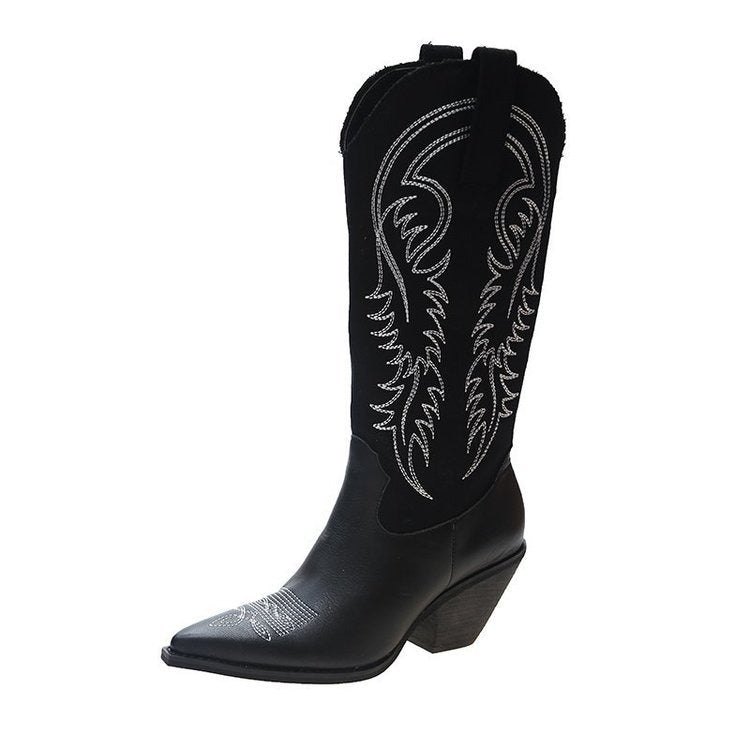 Women's Embossed Leather Western Cowboy Boots - Knee-High Wedge Heel Pointed Toe