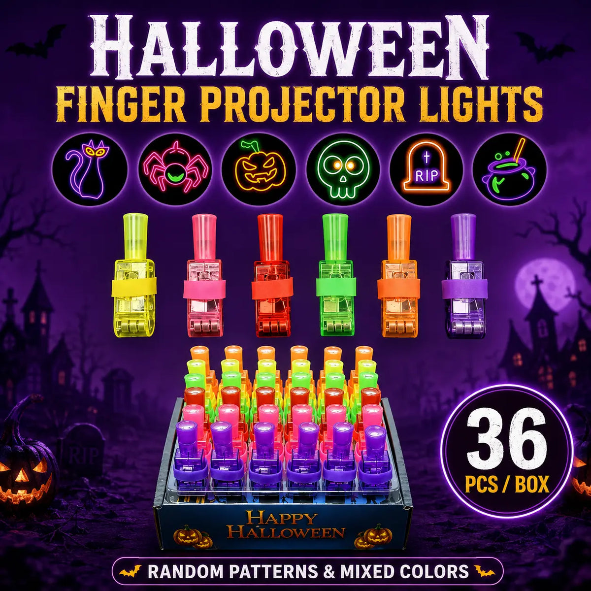 Finger projector ring held up with the LED projection pointed at a surface