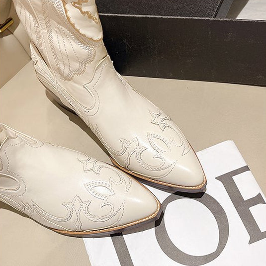 Women's White Cowboy Boots - Chunky Heel Mid-Calf Western Boots Pointed Toe