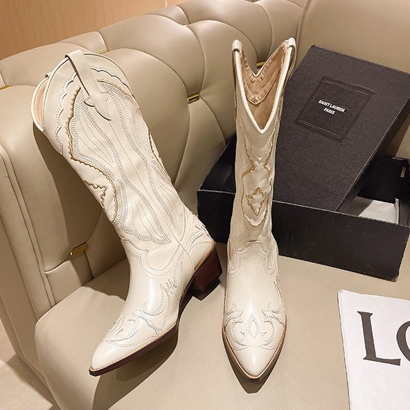 Women's White Cowboy Boots - Chunky Heel Mid-Calf Western Boots Pointed Toe
