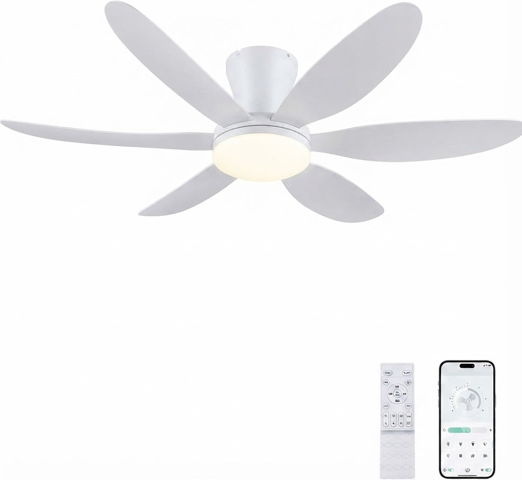 Low Profile Flush Mount Ceiling Fan with LED Light Dimmable Remote Noiseless Bedroom — 36 to 46 Inch