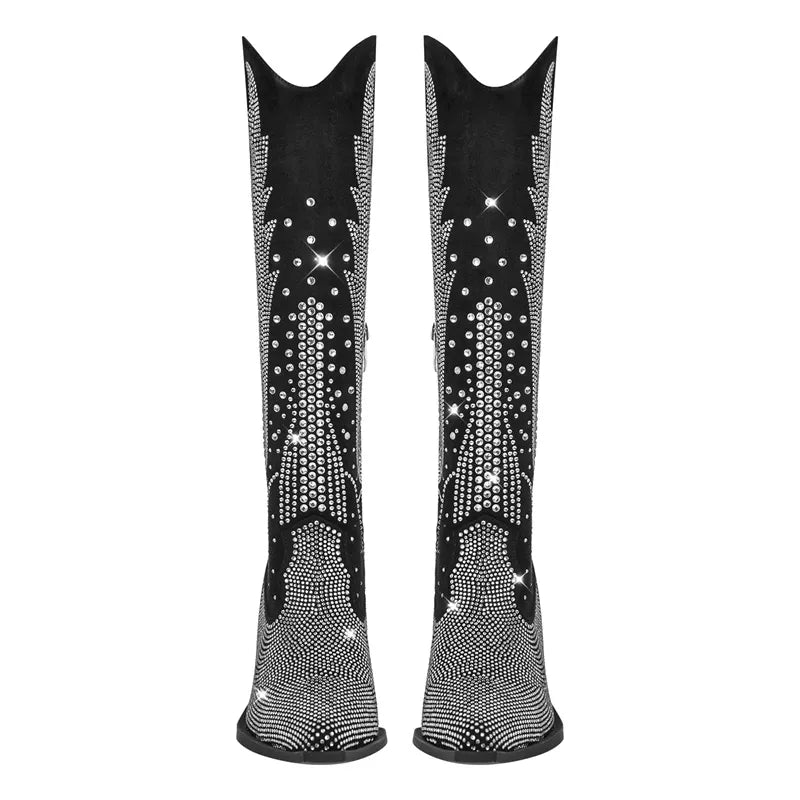 Women's Rhinestone Knee High Cowboy Boots - Black Glitter Western Boots Block Heel