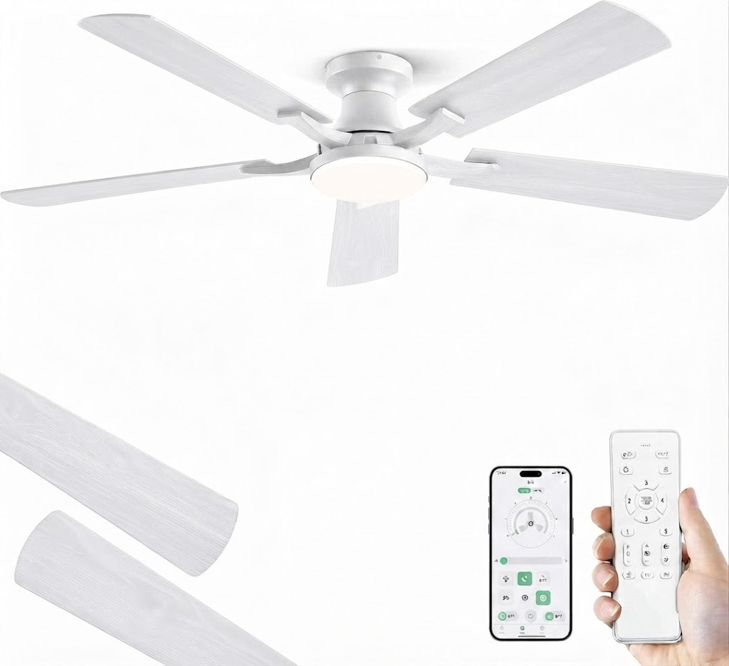 52-Inch Ceiling Fan with LED Light Dimmable App Remote Flush Mount Reversible DC Motor — Black Brown