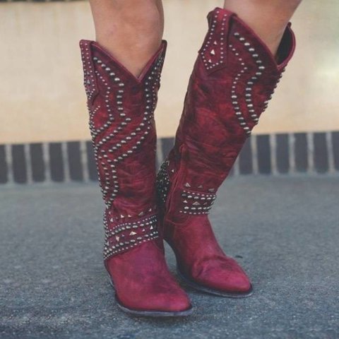 Women's Studded Knee High Boots - Mid Chunky Heel Tall Boots