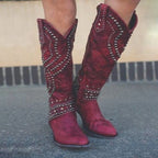 Women's Studded Knee High Boots - Mid Chunky Heel Tall Boots