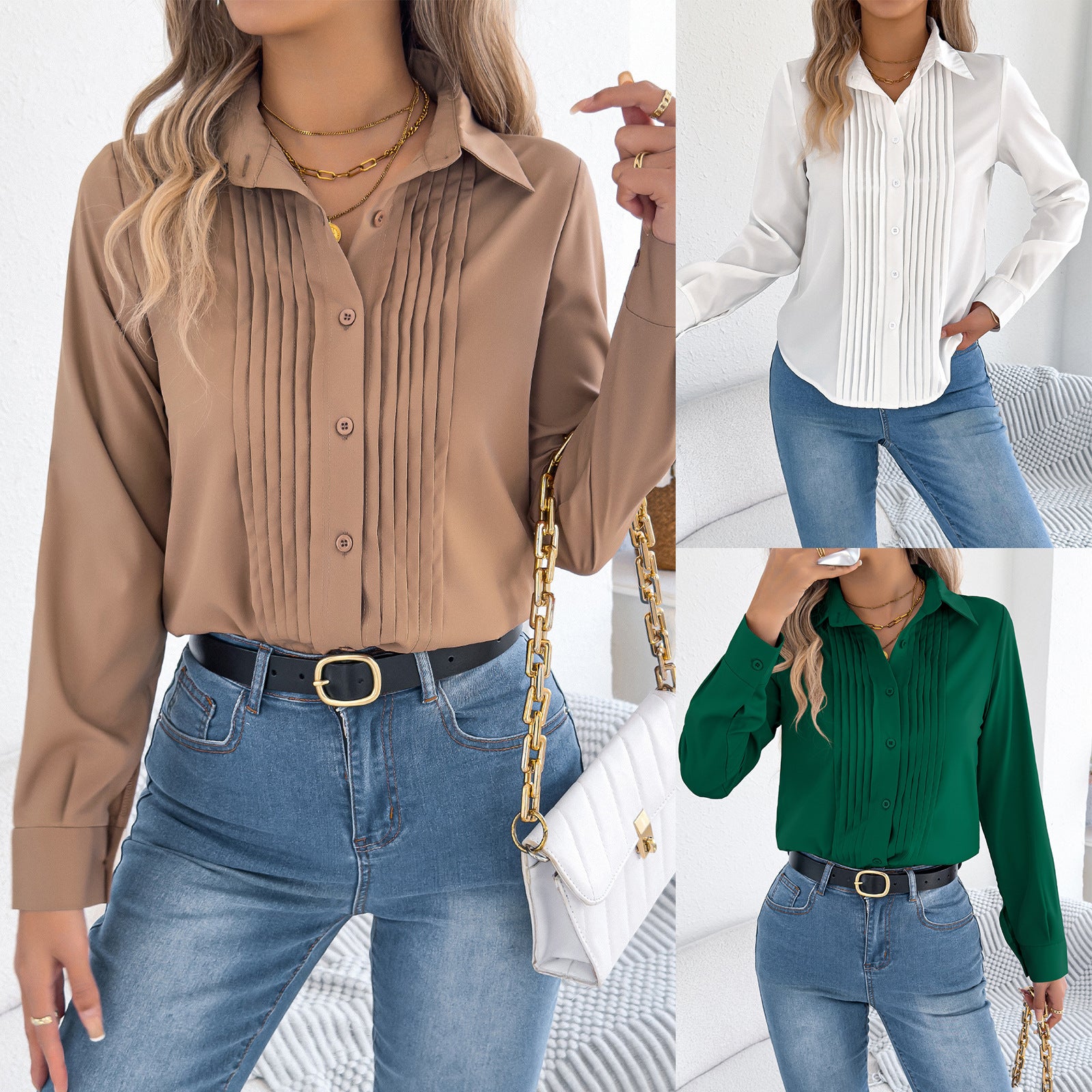 Elan | Tailored Pleated Blouse – Chic Button-Up Shirt for Women