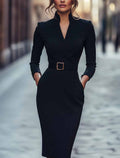 Solene | Elegant Spring Autumn Long Sleeve Pocket Dress with Belt