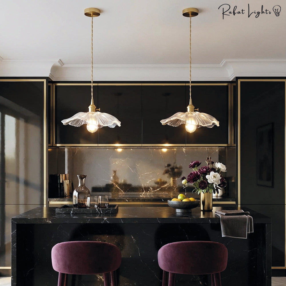 Vintage Floral Glass Pendant Light Height Adjustable Dining Room Bedroom — Purple Clear Gold Green