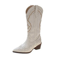 Women's White Cowboy Boots - Chunky Heel Mid-Calf Western Boots Pointed Toe