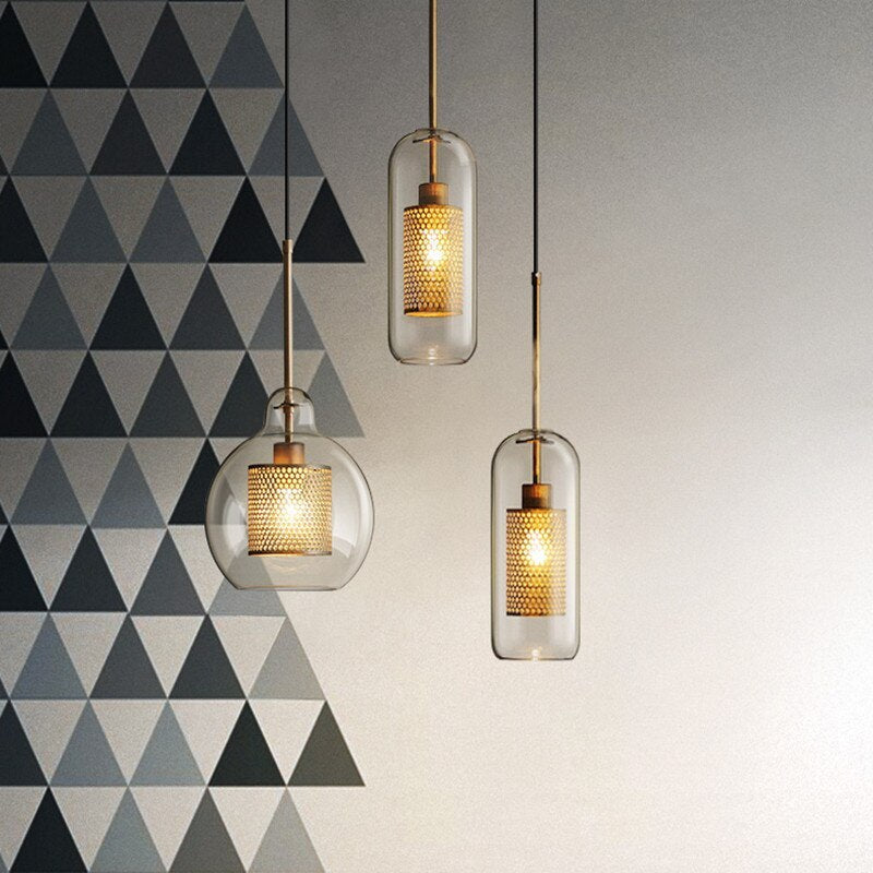 Hessa Contemporary Golden Pendant Light, Glass, Globe/Cylindric