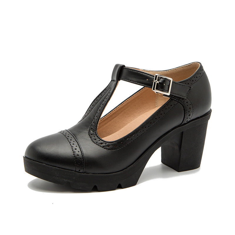 Women's Black Leather Mary Jane Heels | Block Heel