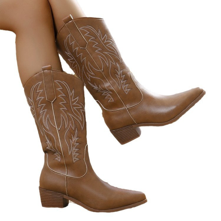 Women's Embroidered Ankle Boots - Chunky Heel Tribal Pattern Round Toe Martin Boots