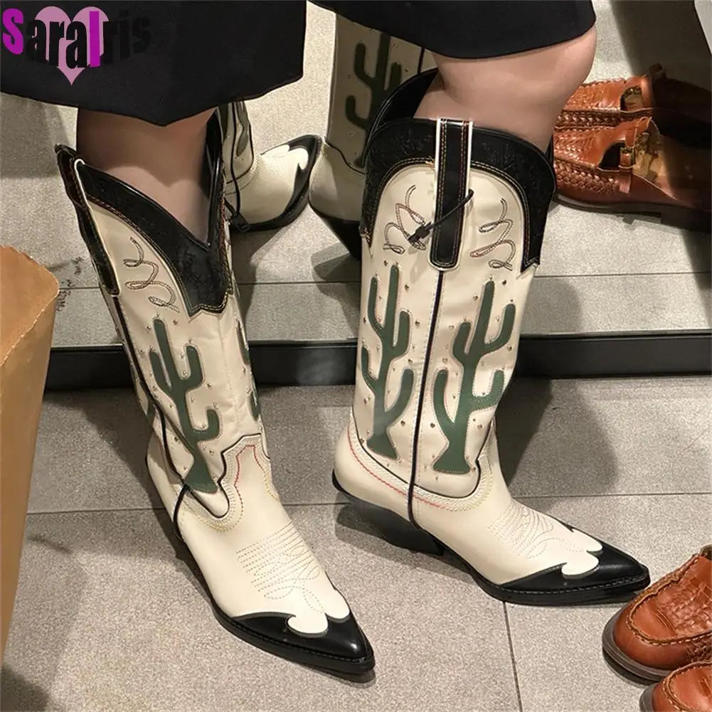 Women's Cactus Embroidered Western Cowboy Boots - Chunky Heel Mid-Calf Vintage
