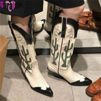 Women's Cactus Embroidered Western Cowboy Boots - Chunky Heel Mid-Calf Vintage