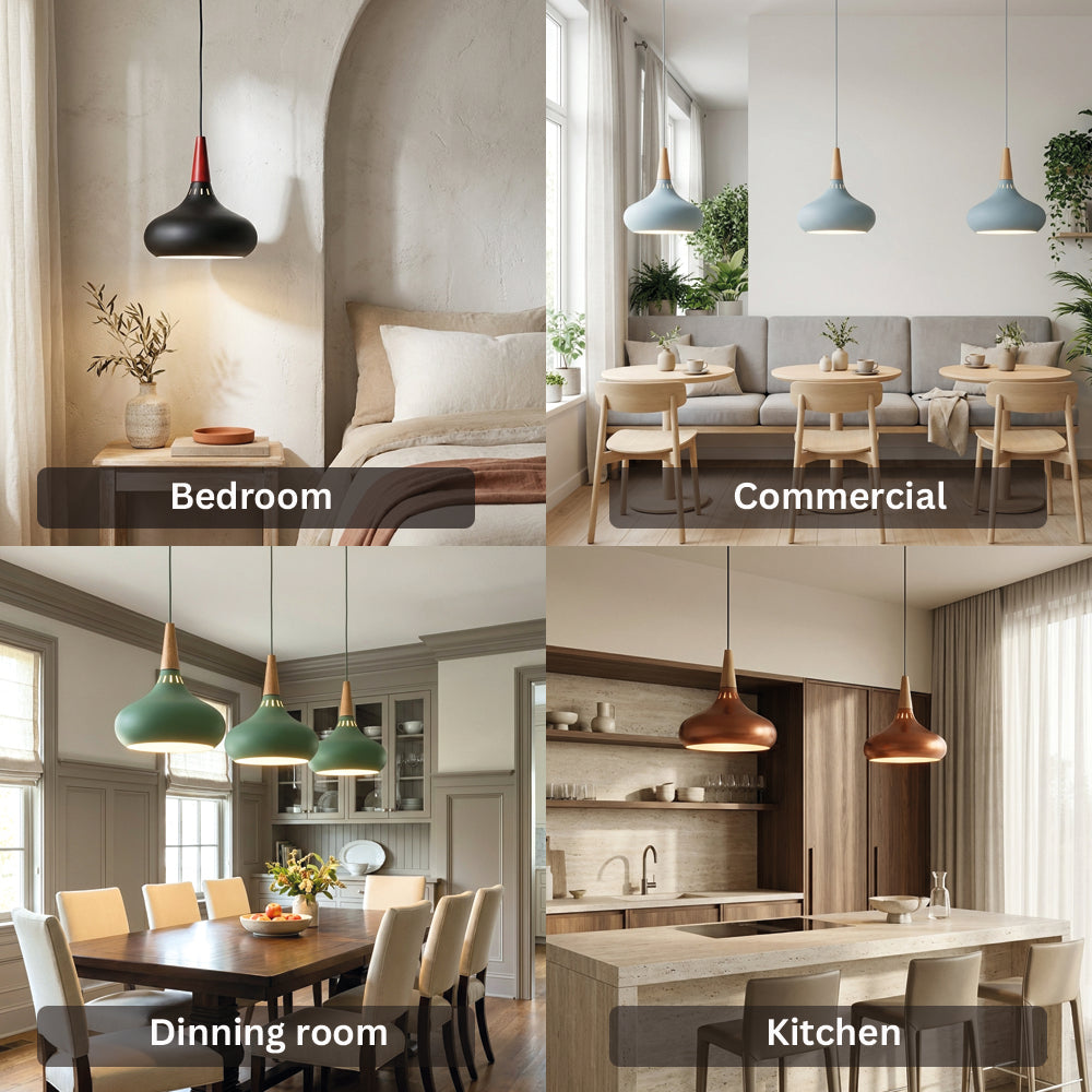 Nordic Wood Metal Pendant Light Height Adjustable Dining Room Bar Kitchen — Multi Colors 8 Inch