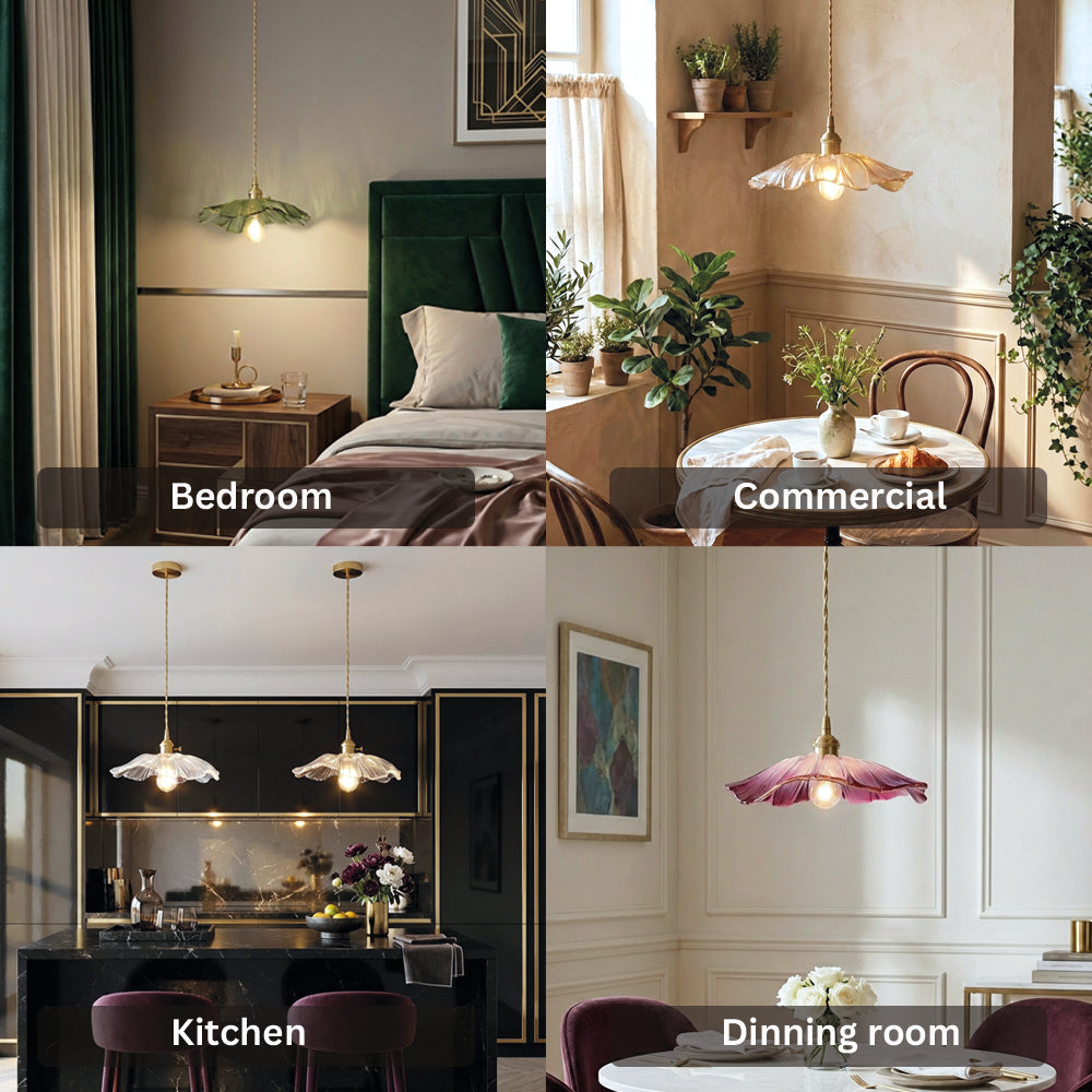 Vintage Floral Glass Pendant Light Height Adjustable Dining Room Bedroom — Purple Clear Gold Green
