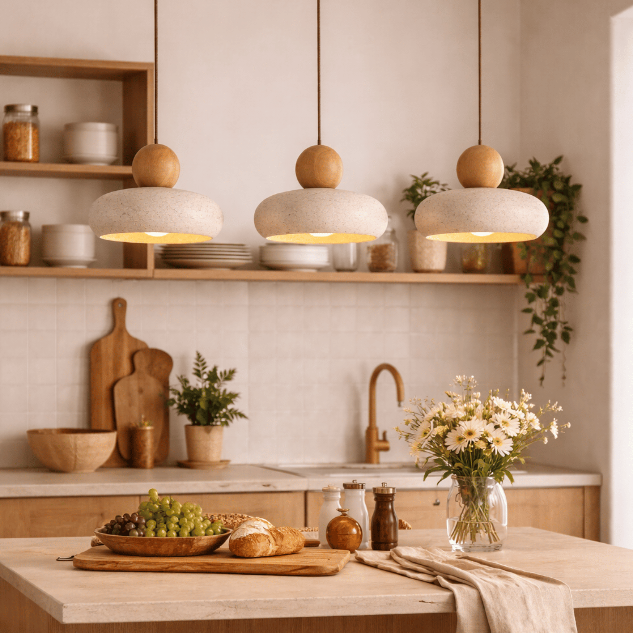 Sunlace Agate LED Pendant Light Natural Stone Minimalist Dining Room Bar — Light Wood Walnut