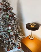 Mid-Century Round Table Lamp with Pull Chain Fabric Shade Warm LED Bedside Living Room — 3 Colors