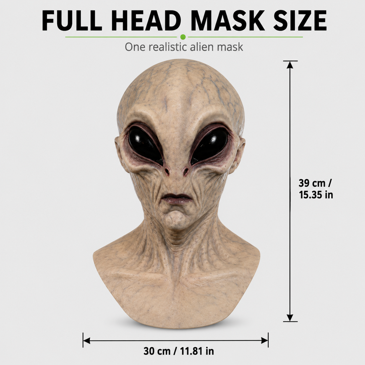 Hyper-realistic alien full head Halloween mask, size reference