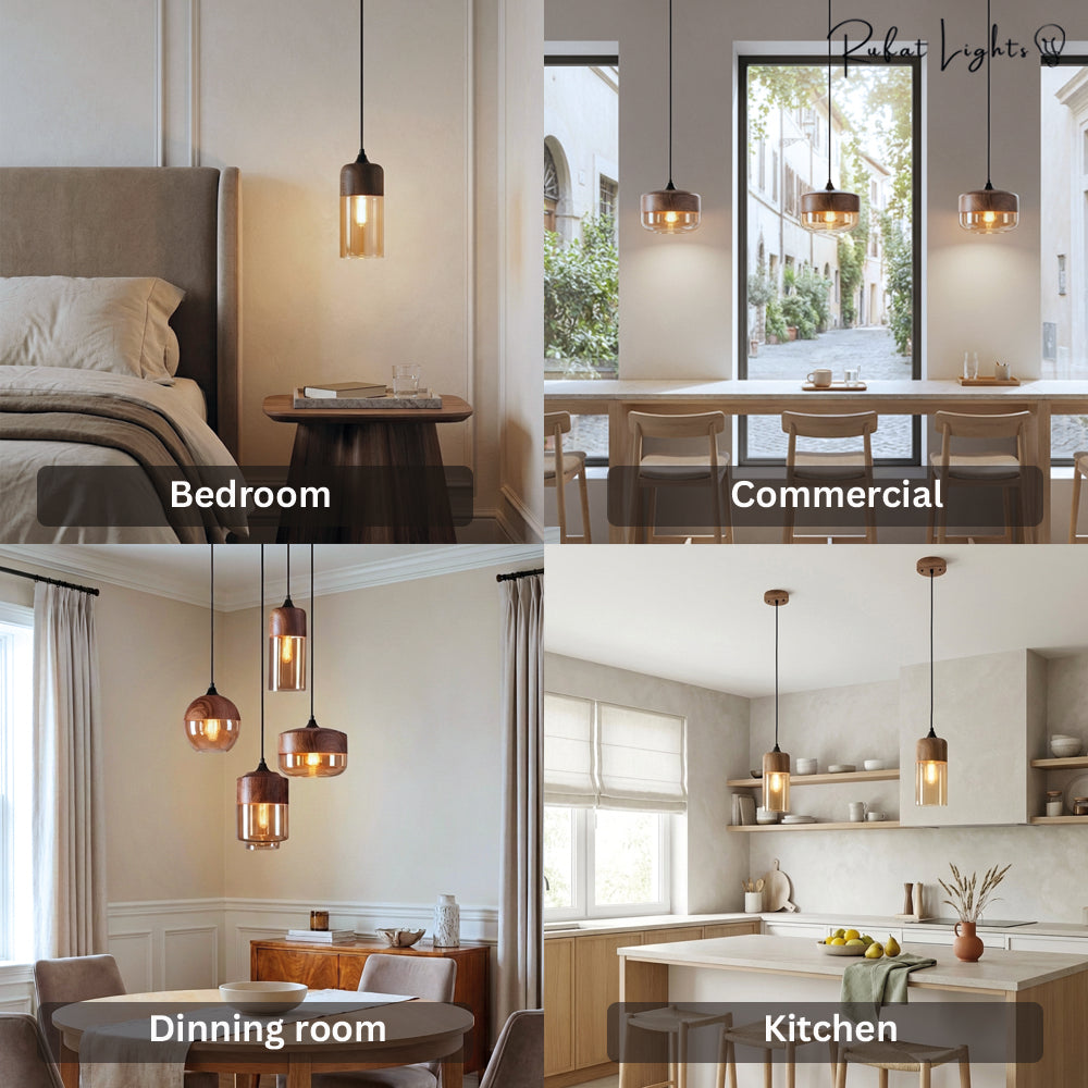 Wood Color Glass LED Pendant Lamp Minimalist Dining Room Bedroom Kitchen — 4 Styles