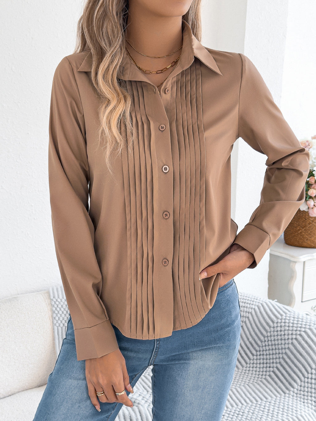 Elan | Tailored Pleated Blouse – Chic Button-Up Shirt for Women