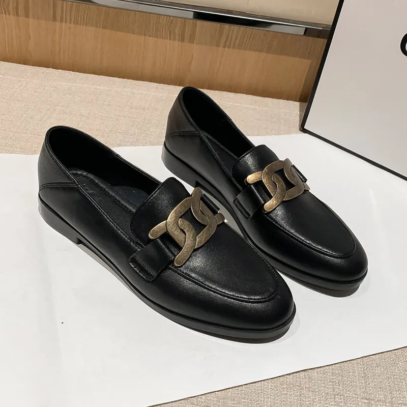 British Style Classic Leather Flat Shoes for Women