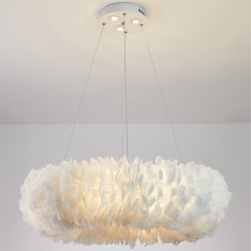 O'Moore Romantic Ring Feather/Metal Pendant Light, Natural Ostrich