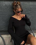 Women's Off-Shoulder Sweater Dress | Ribbed Knit High Waist A-Line Mini