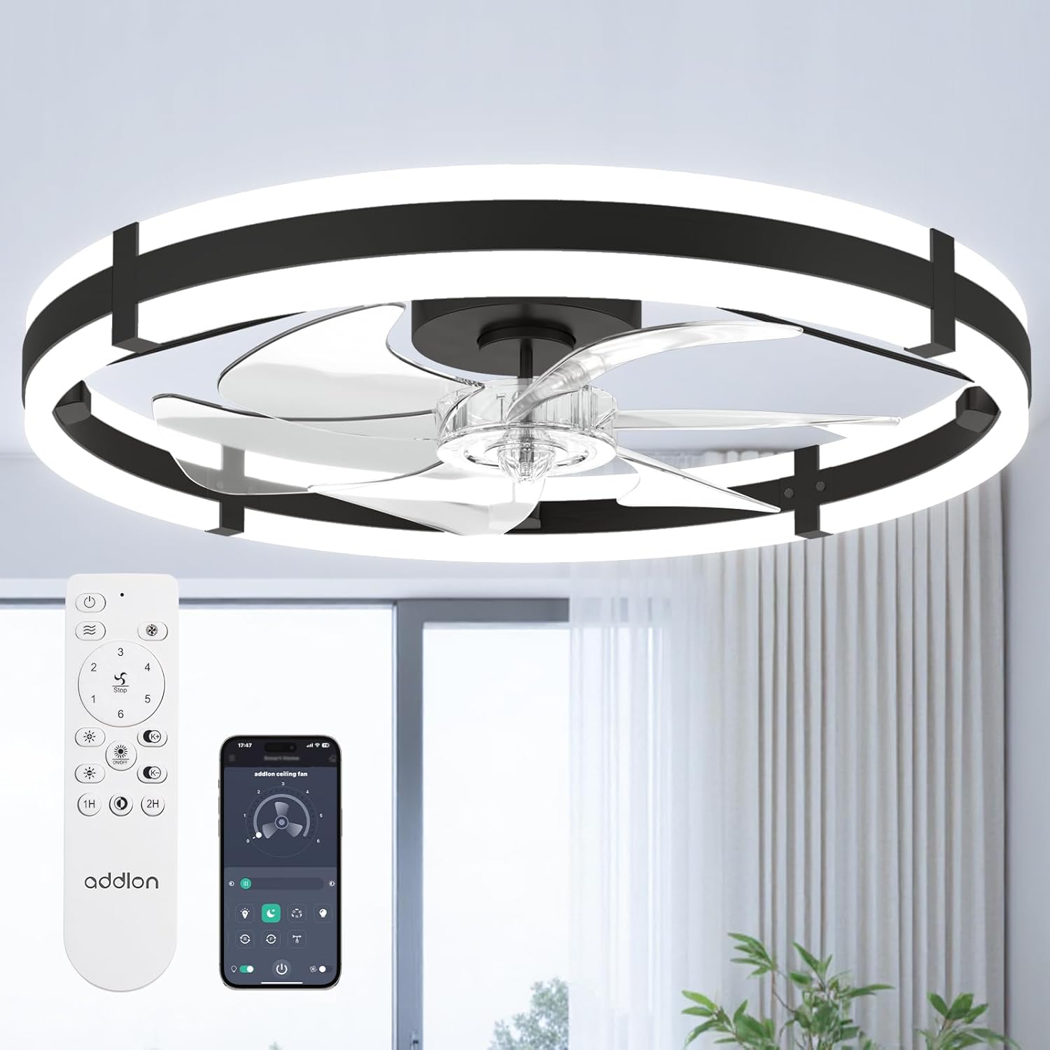 Small Flush Mount Ceiling Fan with LED Light 3000-6000K Dimmable Remote Fandelier Bedroom Kitchen — 20 to 24 Inch