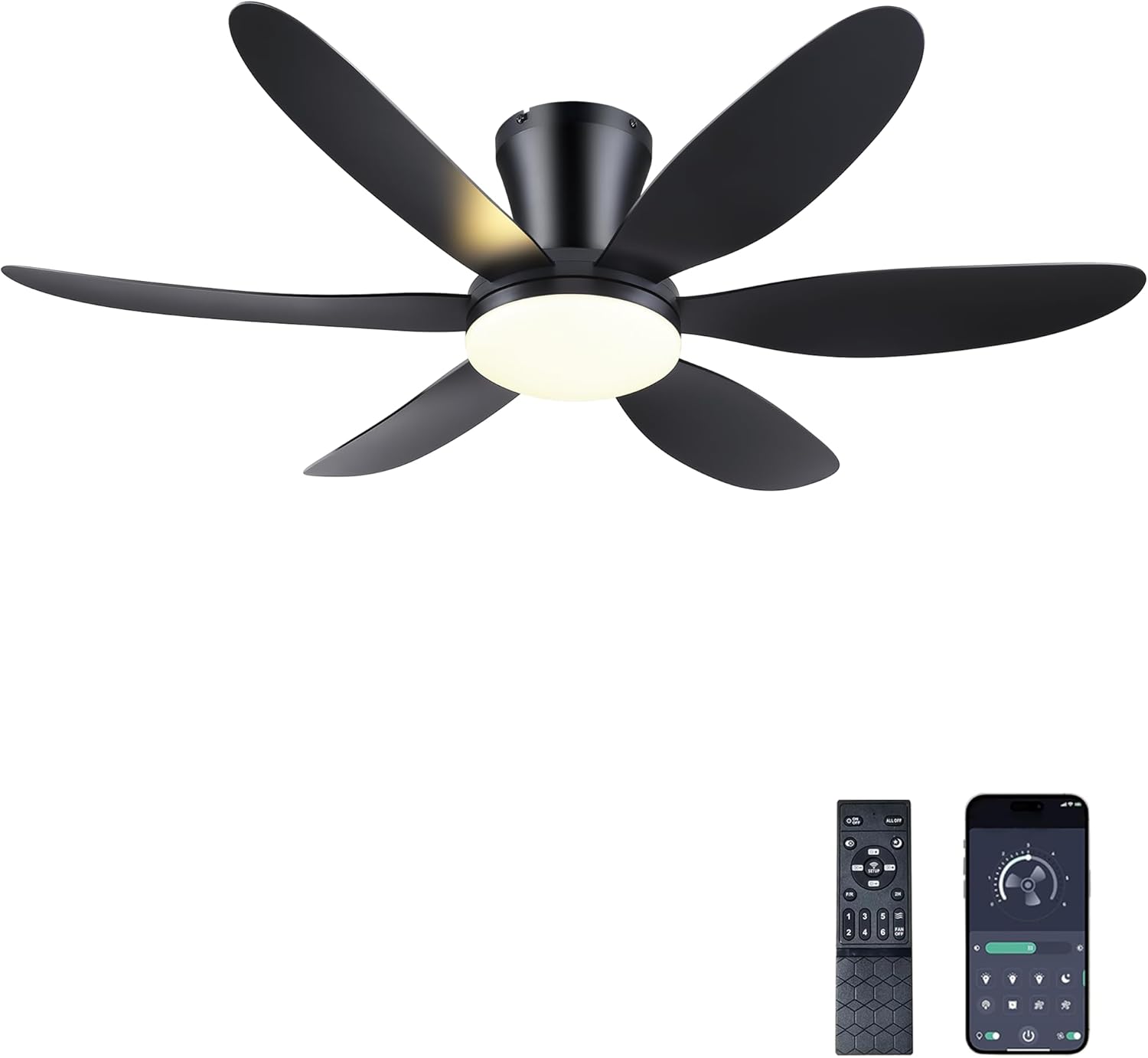 Low profile flush mount ceiling fan LED dimmable remote noiseless bedroom — black white gold 36 to 46 inch