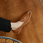 Women’s Genuine Cowhide Leather Loafers – Retro Round Toe Flat Shoes, Low Heel Casual Slip-On
