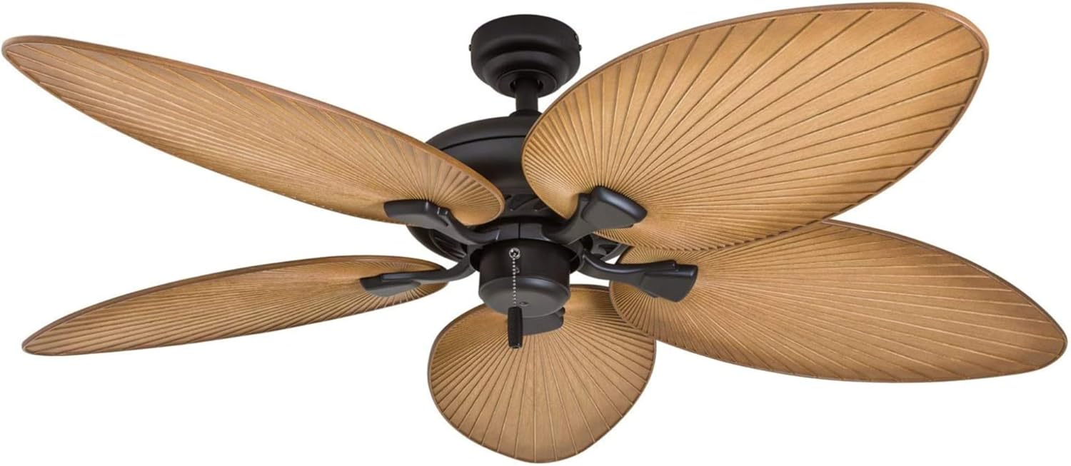 Tropical palm leaf blade ceiling fan no light damp rated indoor outdoor pull chain 52 inch bronze