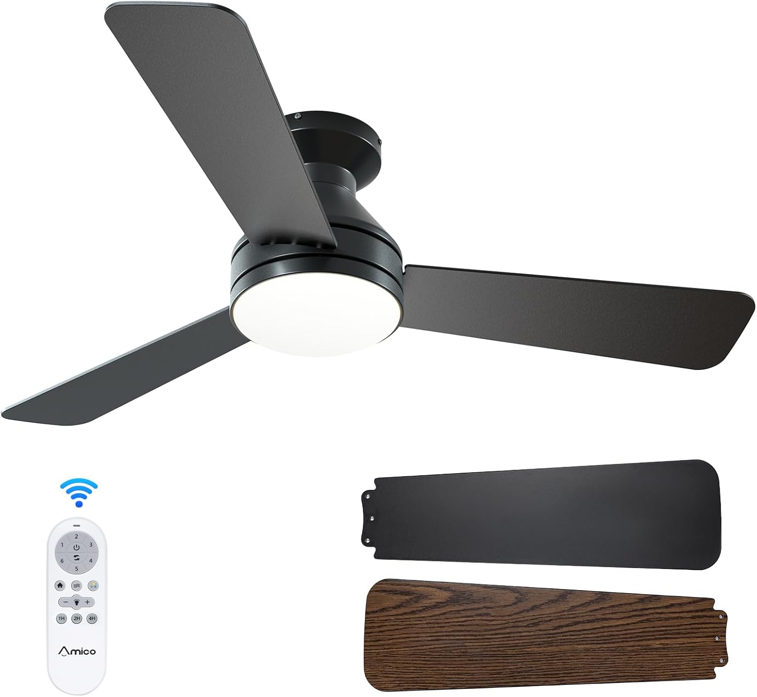Flush mount ceiling fan 3CCT dimmable LED remote indoor outdoor noiseless — black nickel white 30 to 52 inch