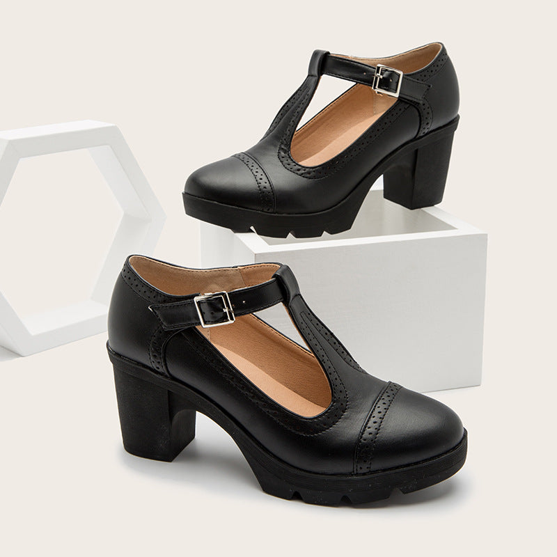 Women's Black Leather Mary Jane Heels | Block Heel