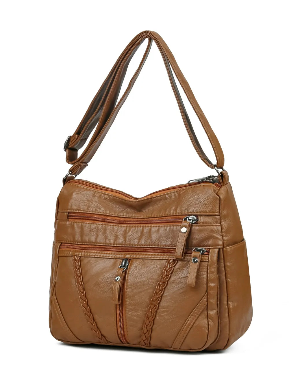 Sac à bandoulière en cuir synthétique tressé – Sac à main femme de taille moyenne avec plusieurs fermetures éclair
